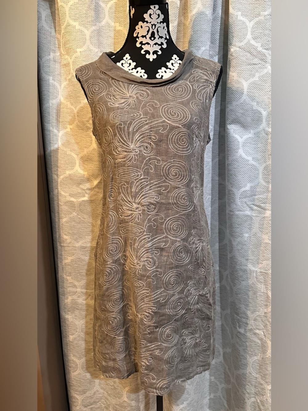 Lina Tomei 100% Linen Sleeveless mineral grey  Embroidered Linen Dress size M